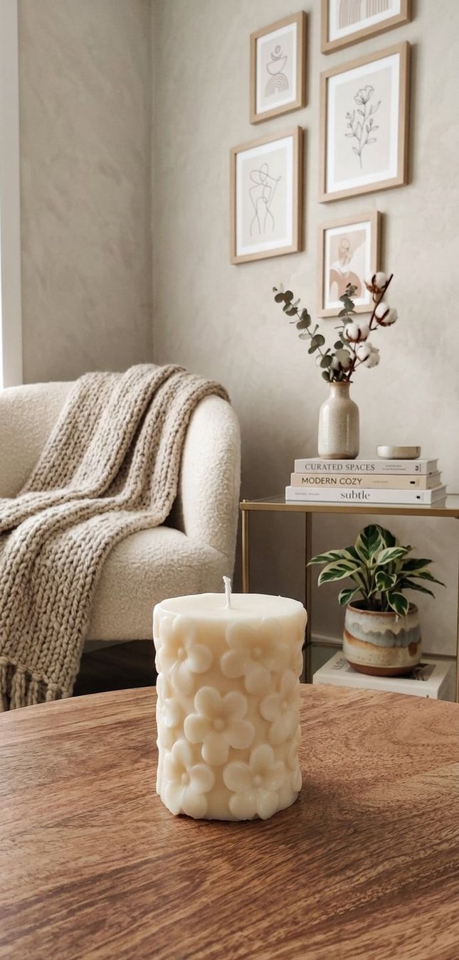 Candele: Stumpenkerze mit Retro-Gänseblümchen-Muster – Nuovo e nell'imballaggio originale da Sisseln AG venduto da swissheartandhand