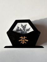 6 Asian style coasters with holder, wood, shell