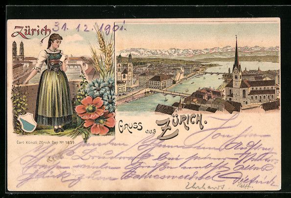 Ansichtskarten: Litho Zürich, Ortsansicht, Mädchen in  – Gebraucht aus Berlin von bartko-reher