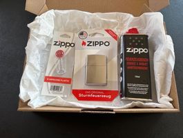 Zippo Beginner Set: Street Chrome Feuerzeug, Benzin, Flints