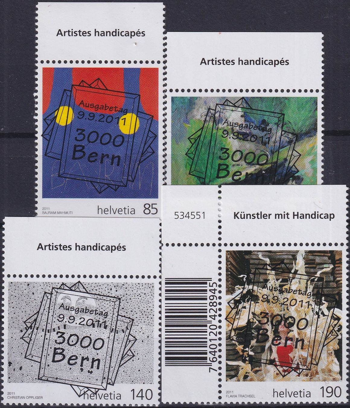 Tutti i francobolli: 2011, Nr.1406-1409 "Handicap" mit ET-Voll-Stempel + TAB. – Usato da Sursee venduto da Luzernerraute