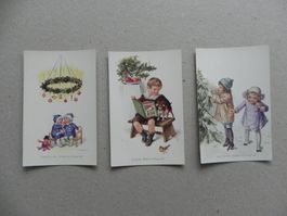 3 Weihnacht Karten Kinder Buch Hund Spielzeug Puppe ca. 1920