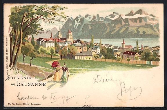 Cartoline postali: Litho Lausanne, Teilansicht mit Bergen – Usato da Berlin venduto da bartko-reher
