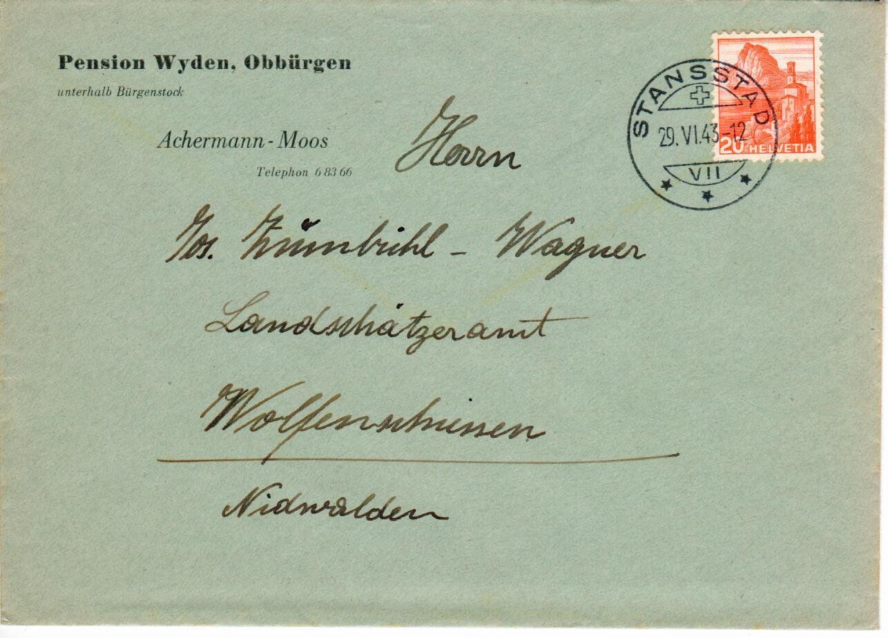 Tutti i francobolli: Brief, Pension Wyden Obbürgen 1943 – Usato da Wolhusen venduto da Curver9