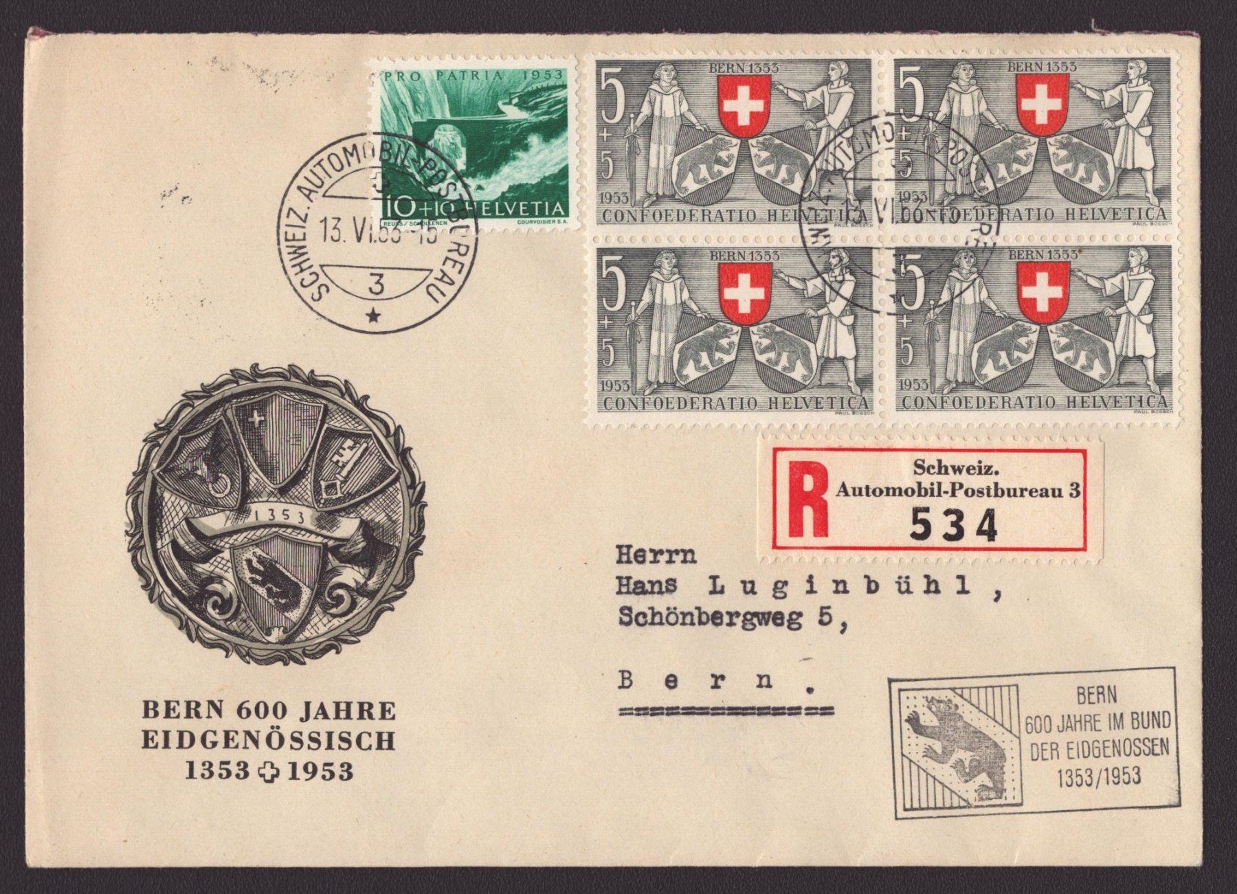 Tutti i francobolli: Lettre Recommandé 1953 cachet 600 ans de Berne – Usato da Delémont venduto da Silte