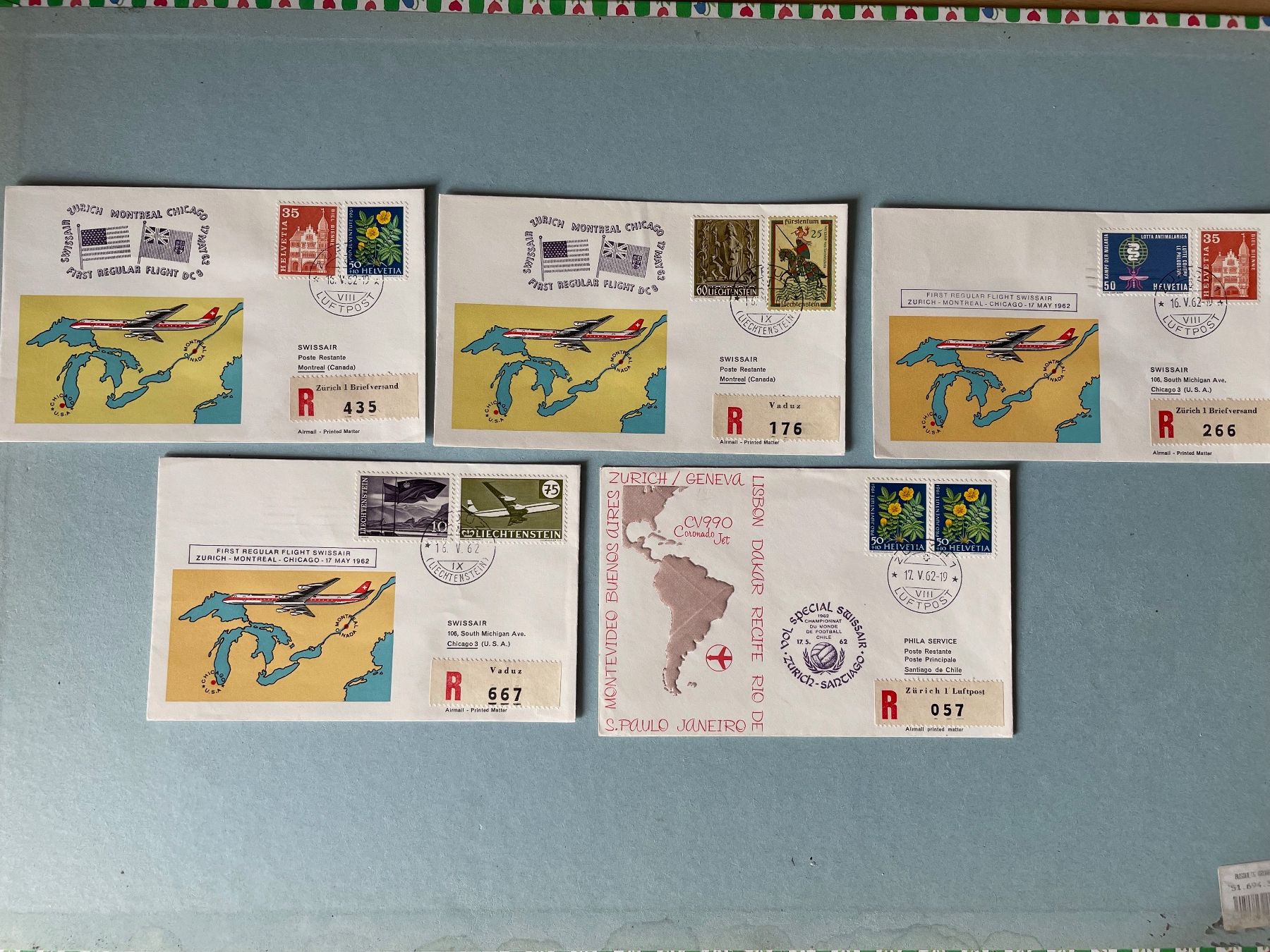 Tutti i francobolli: 9 FDCs Erstflüge Swissair 1962 – Usato da Zürich venduto da stzepp