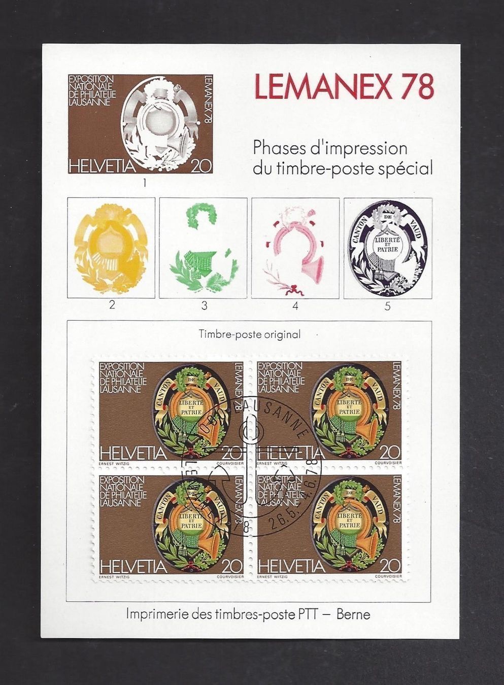 Alle Briefmarken: 1978 LEMANEX 78 Phases d'impression du timbre-poste spécial – Gebraucht aus Zürich von Nobs1