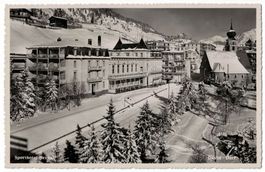 Davos-Dorf, Sporthotel Seehof verschneit, gelaufen 1954