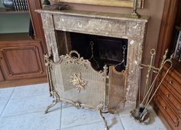 Pare-feu et accessoire de cheminée anciens en laiton doré