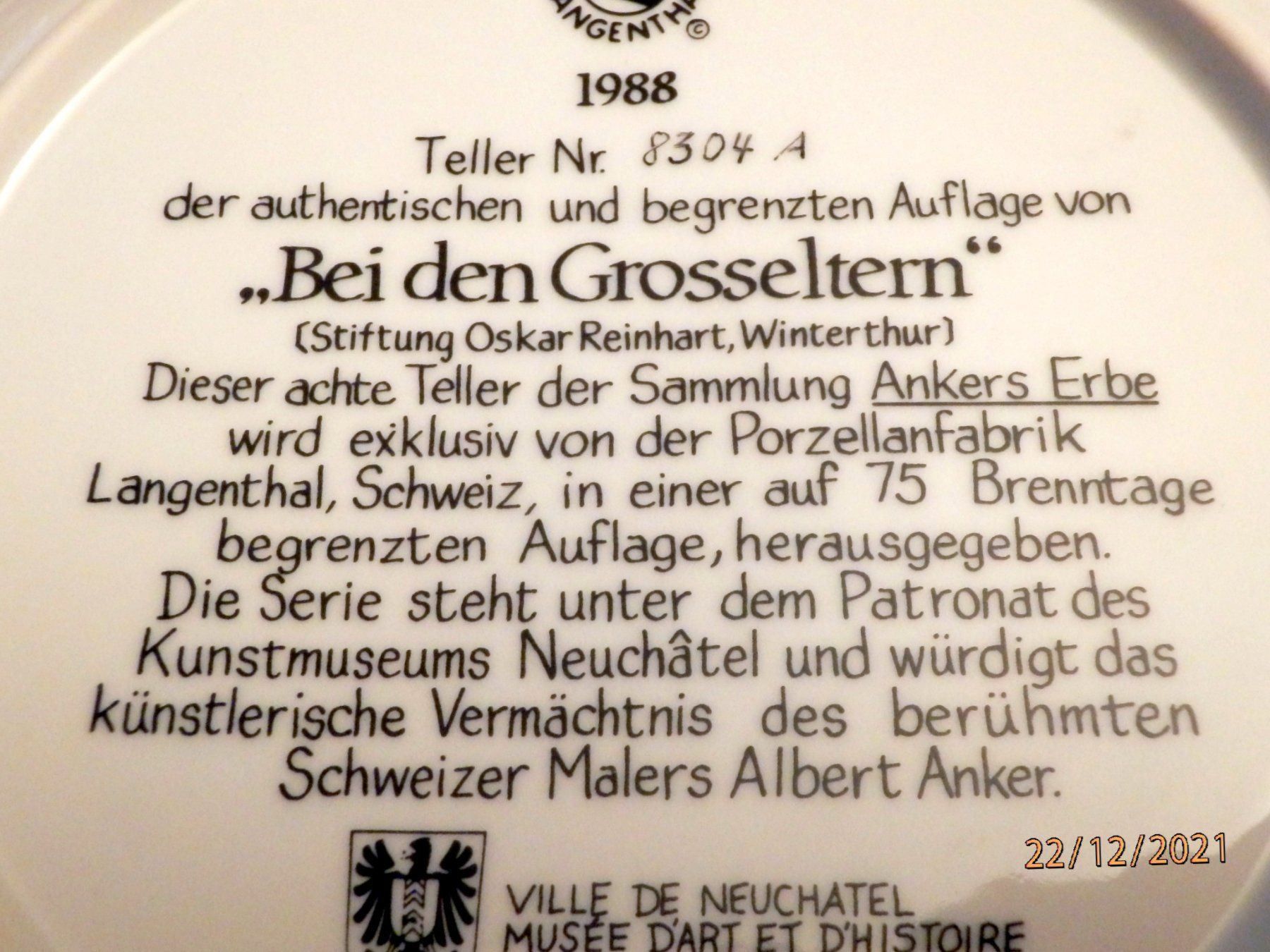 Teller: Albert Anker, Wandteller, Auflage limit. – Neu (gemäss Beschreibung) aus Ueberstorf von dinbau 4