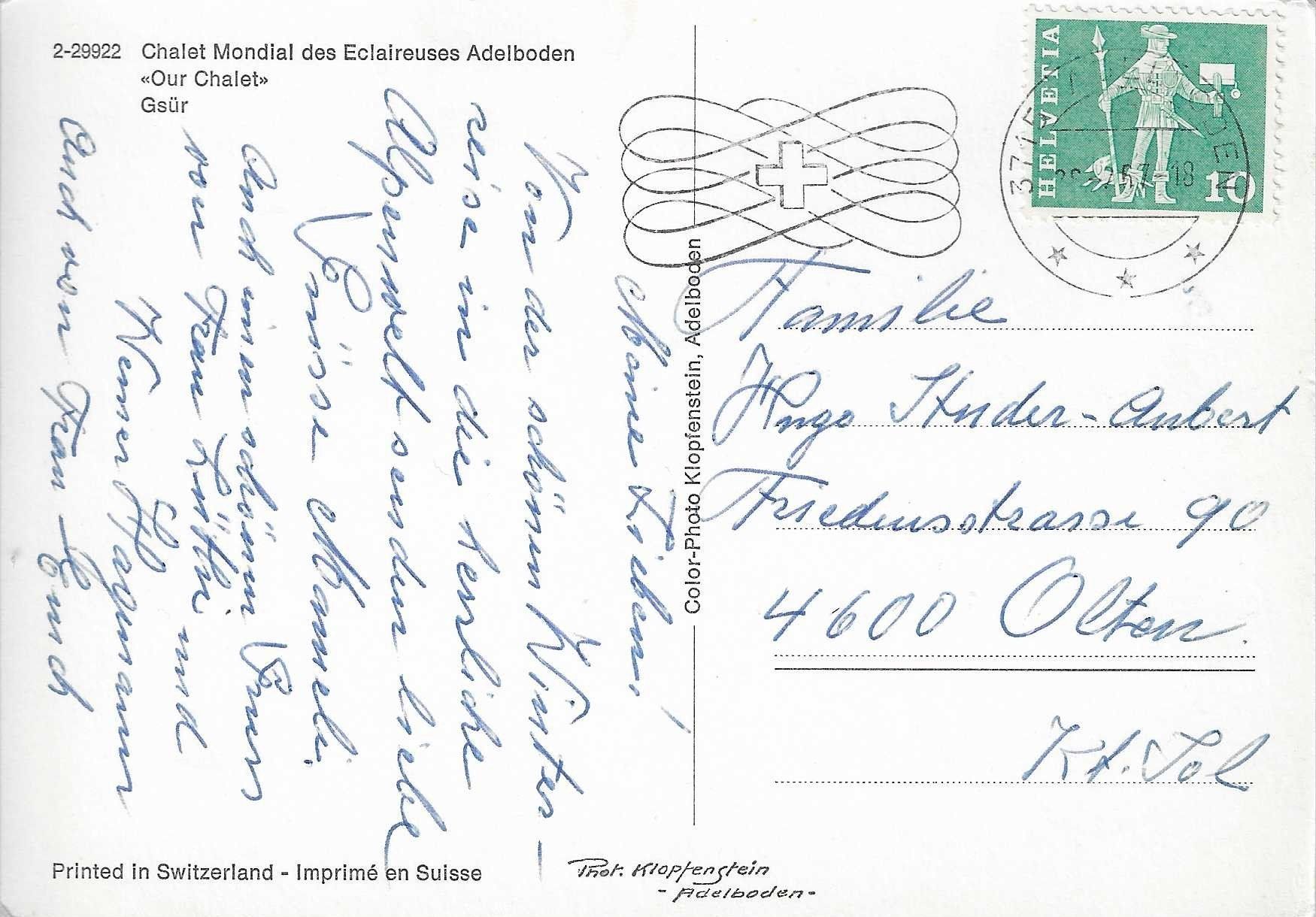 Cartoline postali: Chalet Mondial des Eclaireuses Adelboden BE – Usato da Rothrist venduto da Stranglehold 1