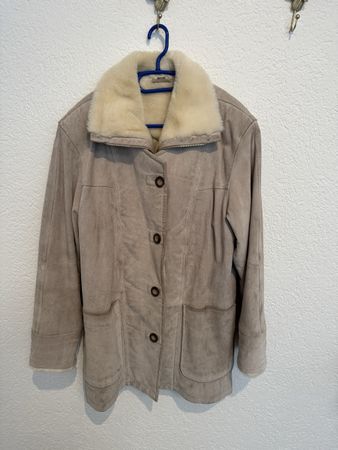 Vintage Echt Leder Webpelz Mantel taupe grau Gr. 34 / S / M