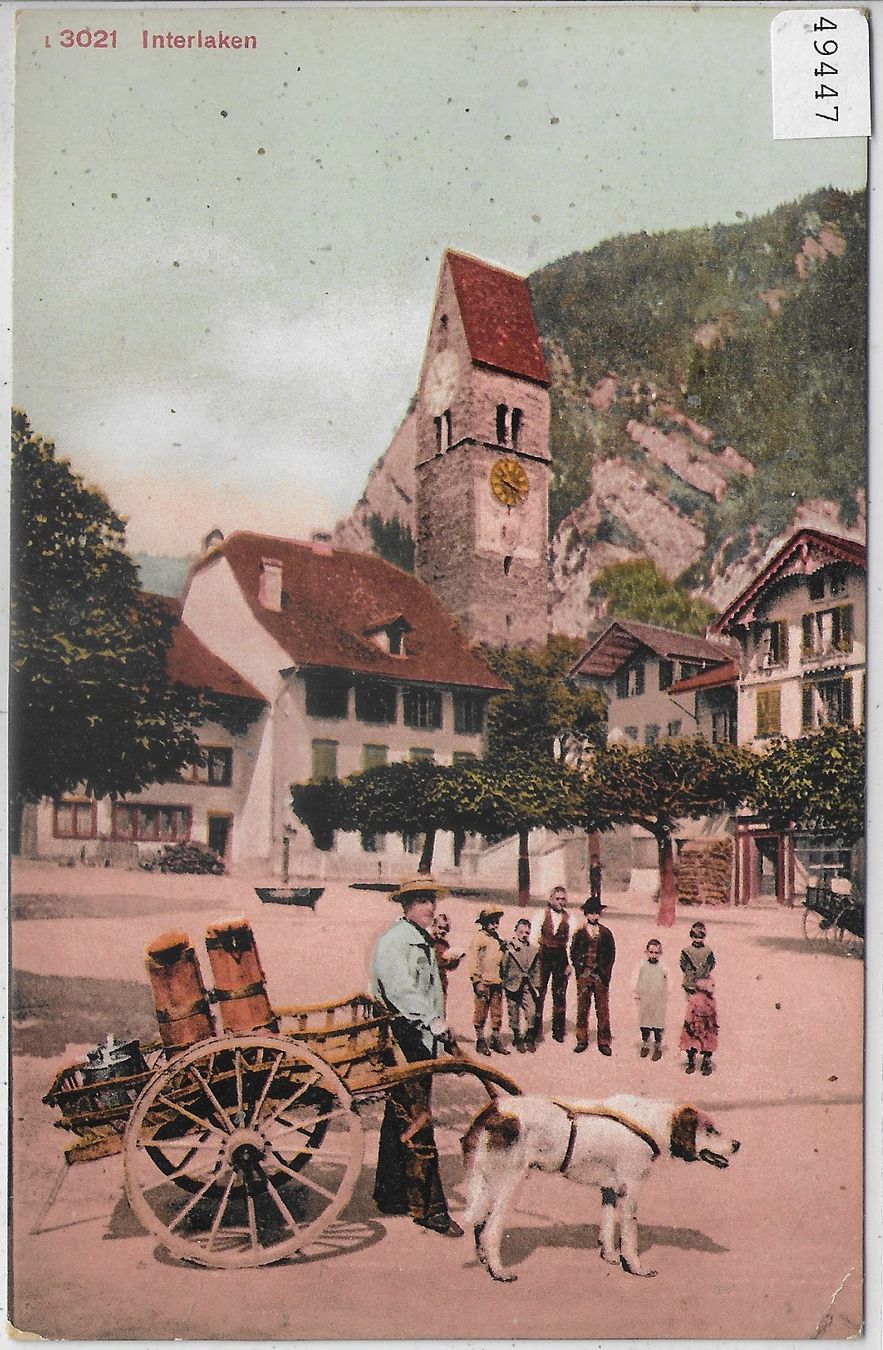 Ansichtskarten: Interlaken - Milchmann mit Hundegespann - Litho – Gebraucht aus Ettingen von Kartenplanet