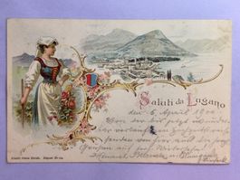 Antike Ansichtskarte Lugano, datiert 1900, mit Briefmarke.