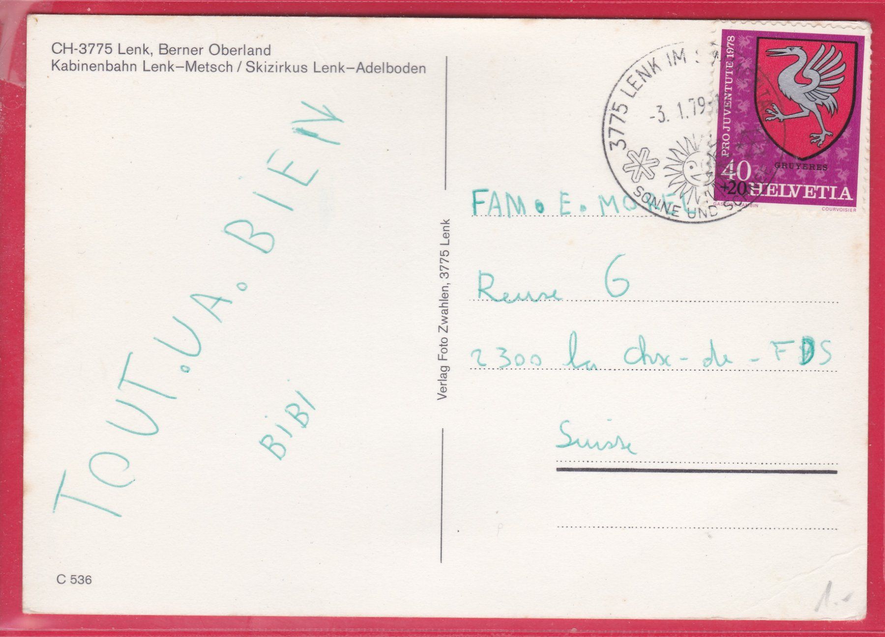 Cartoline postali: LENK, KABINENBAHN LENK - METSCH, 3.1.1979 – Usato da Oberrieden venduto da Gebirgsstelze 1