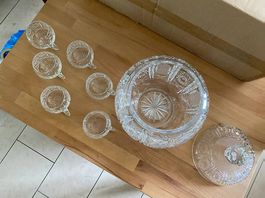Schweres Vintage-Bowleservice aus Kristallglas, 6 Tassen