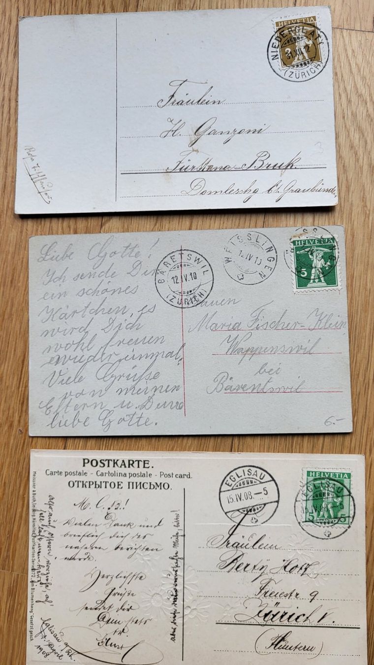 Ansichtskarten: 3 Karten Kanton Zürich 1908 – Gebraucht aus Bäriswil BE von mimi.86