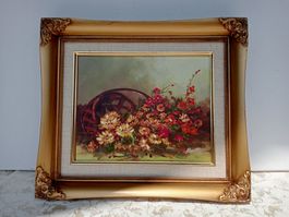 Gemälde Blumenkorb signiert Goldener Holz-Rahmen Barock Stil