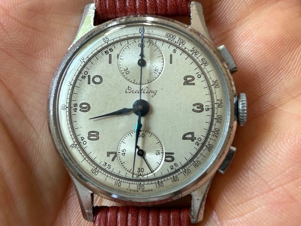 Montre Breitling Vintage - Automatique Mécanique Suisse, Boîtier Acier, Cadran Bleu, Bracelet Cuir