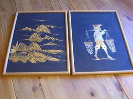 2 asiatische Bilder Stroh-Handwerkskunst