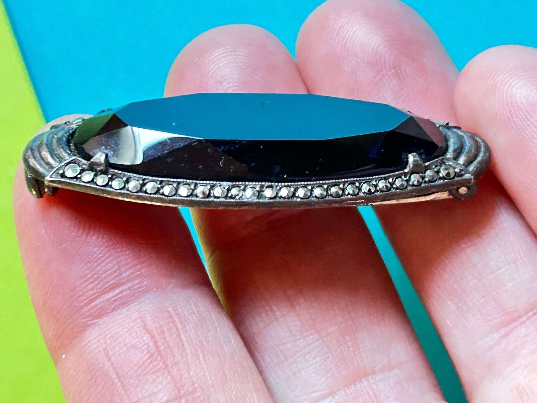 Spille & Fermagli: Antike Art Deco Brosche Silber Onyx Markasit – Usato da Dittingen venduto da Bijoubelle 1