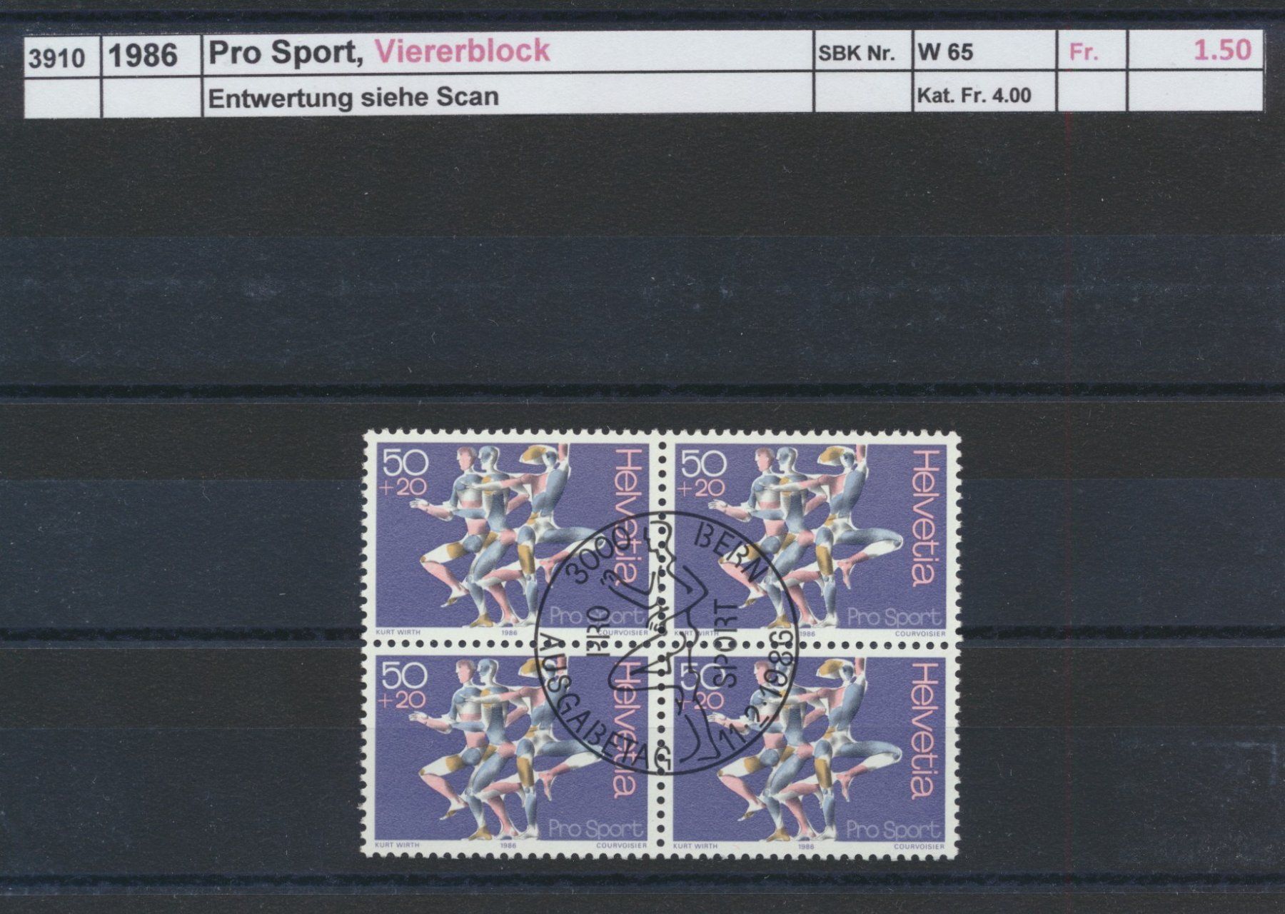 Alle Briefmarken: 1986 "Pro Sport", Viererblock, ET - Stempel – Gebraucht aus Winterthur von Zupogeru