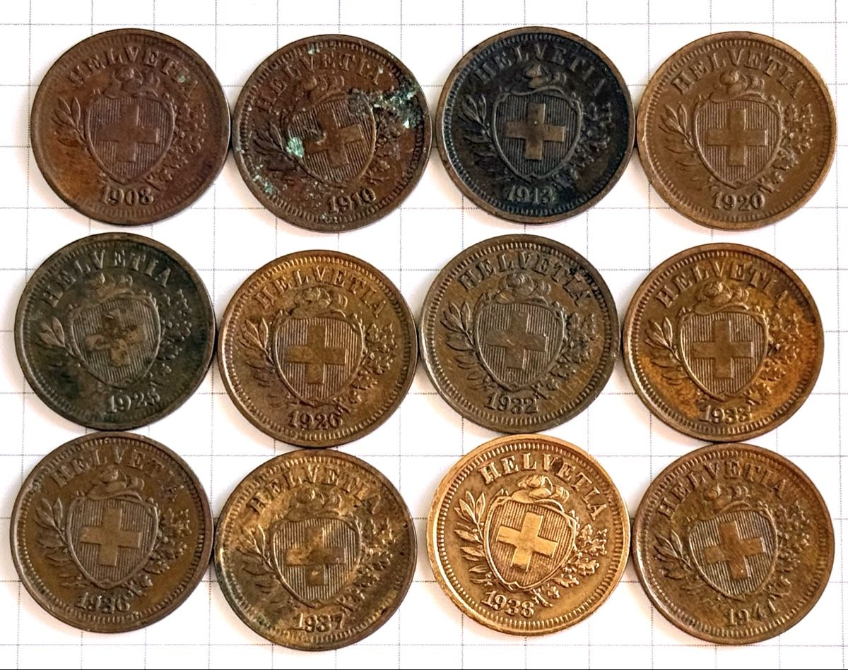 Tutti le monete: Lot 1 Rappen Konvolut 1908-1941 – Usato da Zürich venduto da daki81