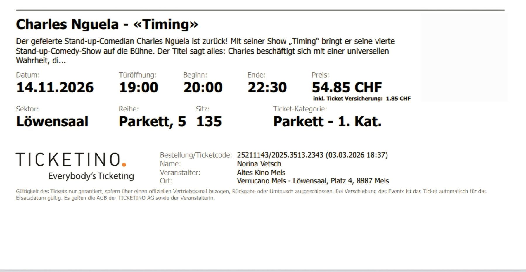 Tickets: Charles Nguela – Neu und originalverpackt aus Jenins von Nlc5
