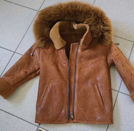 Kinder Jacke / Warme Winterjacke aus Leder mit Pelzkragen