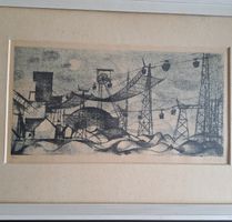 Originale Grafik von A. Fuchs, 1965, Bergwerk