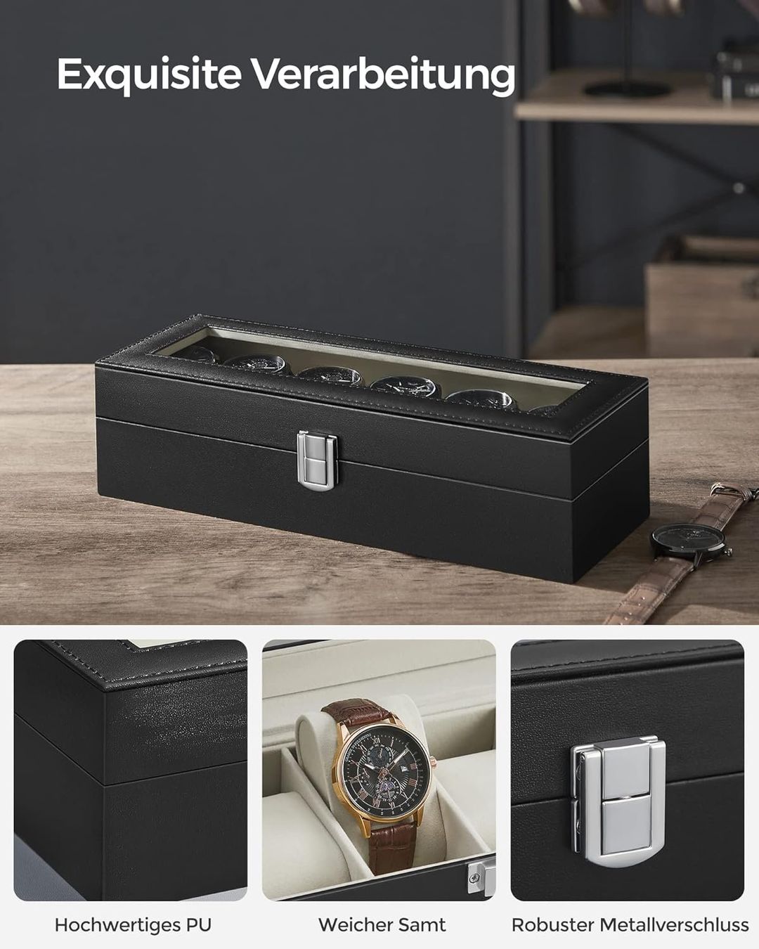 Scatole porta orologi: Uhrenbox 6 Fächer Glasdeckel Schmuckbox schwarz beige – Nuovo e nell'imballaggio originale da Wittenbach venduto da SELVARO 1