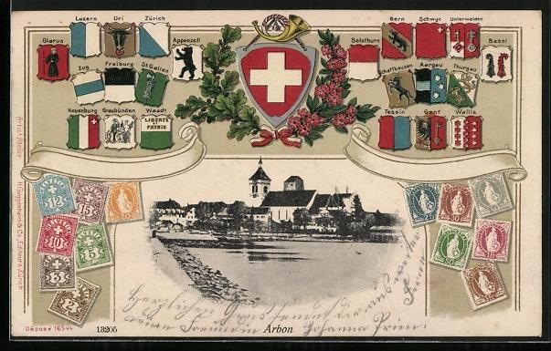 Ansichtskarten: Arbon, Ortsansicht mit Wappen und Briefm – Gebraucht aus Berlin von bartko-reher