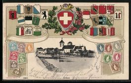 Arbon, Ortsansicht mit Wappen und Briefm