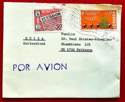 ECUADOR SÜDAMERIKA NATIONALHYMNE FLUGPOST FRIBOURG 1965