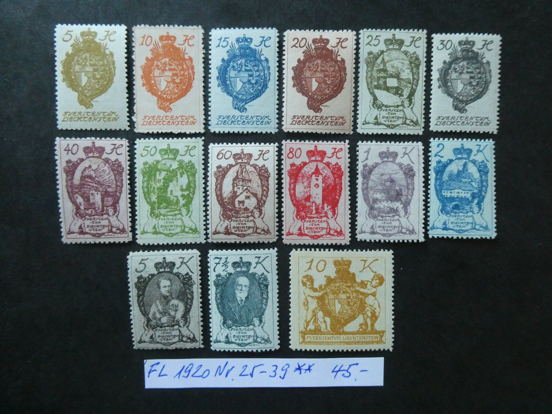Tutti i francobolli: FL 1920 Nr. 25-39 postfrisch – Usato da Lausen venduto da Herbamare01