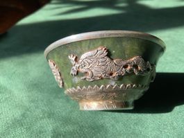 Antike China Tibetische Jade Spinatjade und Silber Schale