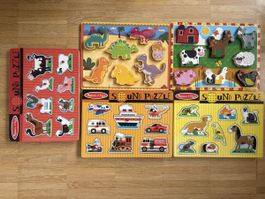 3 Melissa and Doug sound puzzles and 2 wood puzzles
