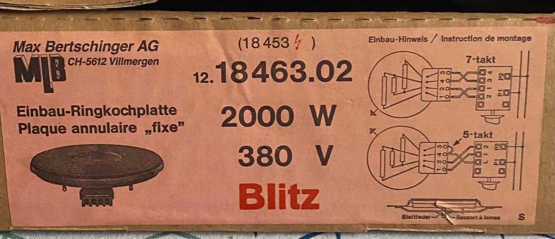 Piatti di portata: Max Bertschinger Einbau-Ringkochplatte 2000W 380V Blitz – Nuovo e nell'imballaggio originale da Niederbuchsiten venduto da Ebelinea 2