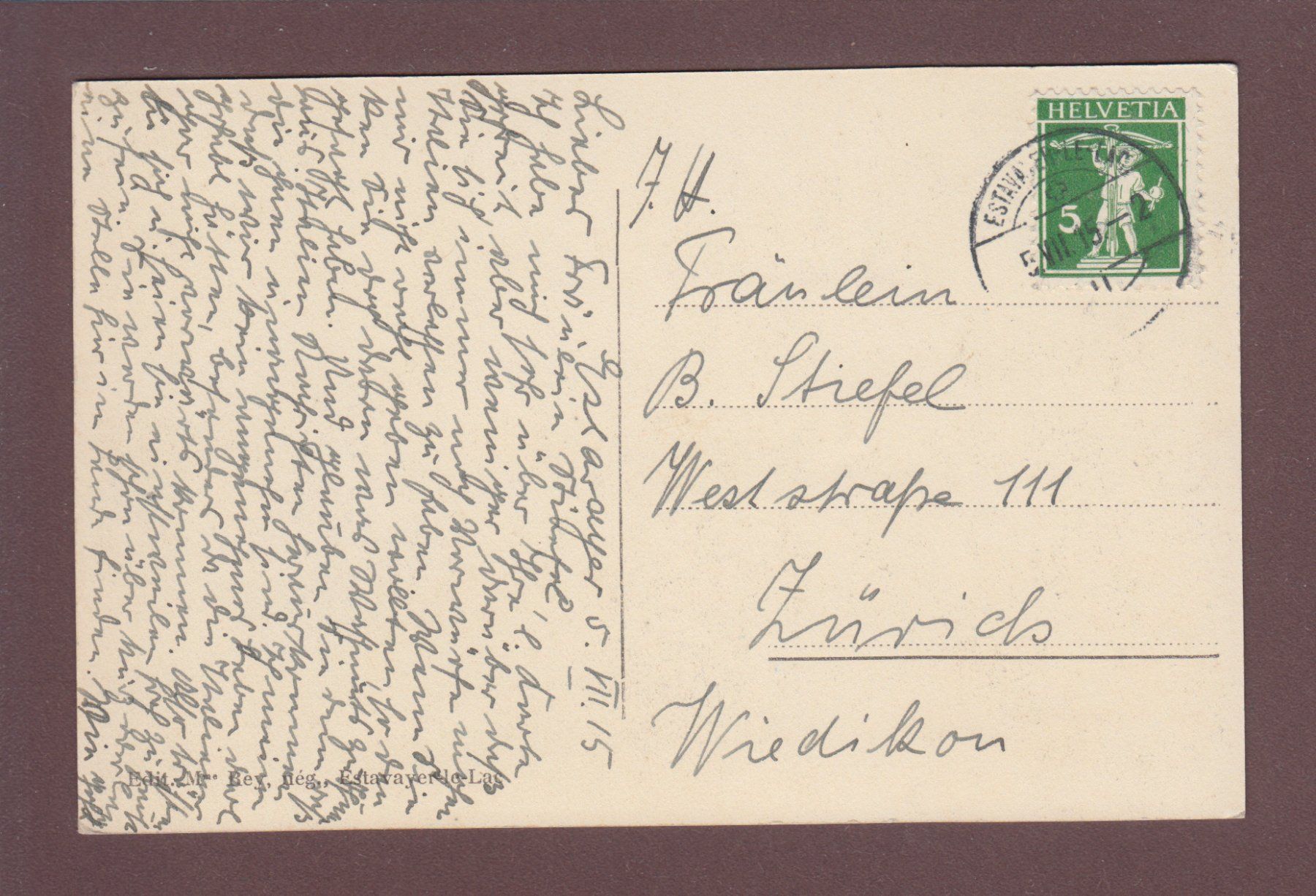 Cartoline postali: ESTAVAYER - Vue générale - 1915 – Usato da Pully venduto da nicecards 1