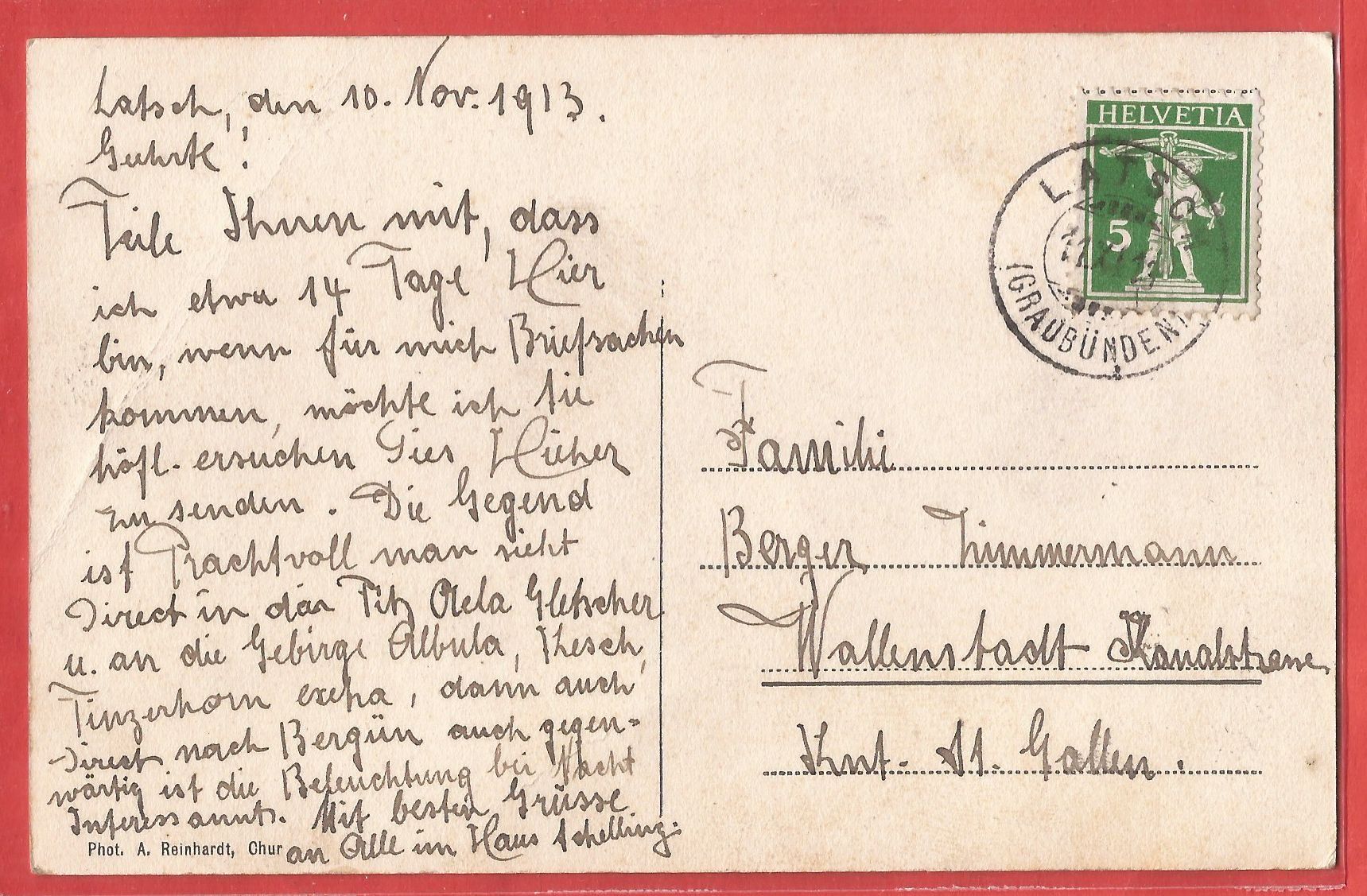 Ansichtskarten: Latsch bei Bergün - 1913 – Gebraucht aus Fislisbach von Porano 1