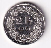 Schweiz 2 Franken 1991 vorz- unz