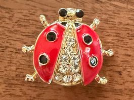 Hübsche Brosche Marienkäfer rot/goldig mit Strass