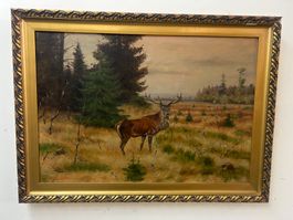 Ölgemälde auf Leinen Hirsch in der Natur von O.J. Olbertz 28