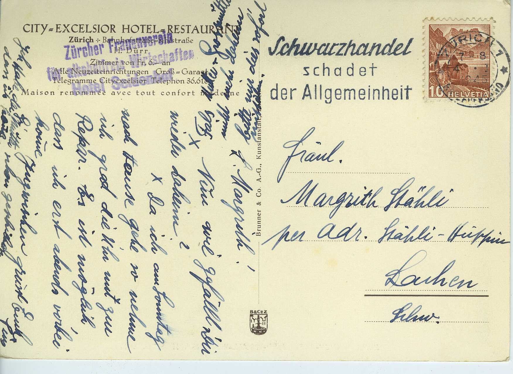 Cartoline postali: Zürich - City-Excelsior-Hotel – Usato da Schleitheim venduto da Pmschlaate 1