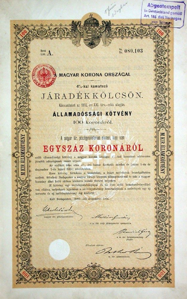 Documenti: 4% Königreich Ungarn, Budapest - 1892 – Usato da Solothurn venduto da Sgasche