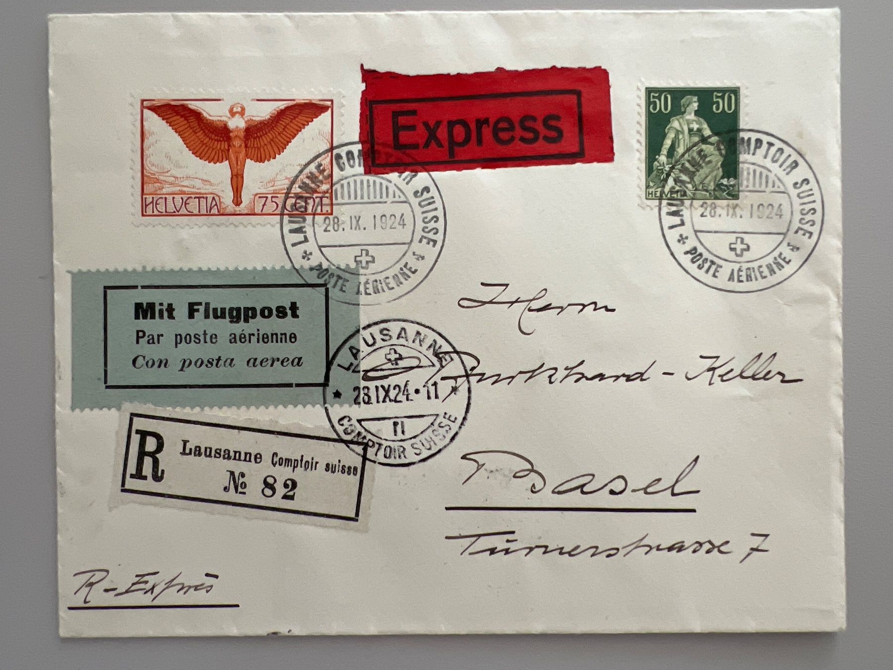 Tutti i francobolli: Flugpostbrief Comptair Lausanne 1924 CS5 – Usato da Buchrain venduto da wmm