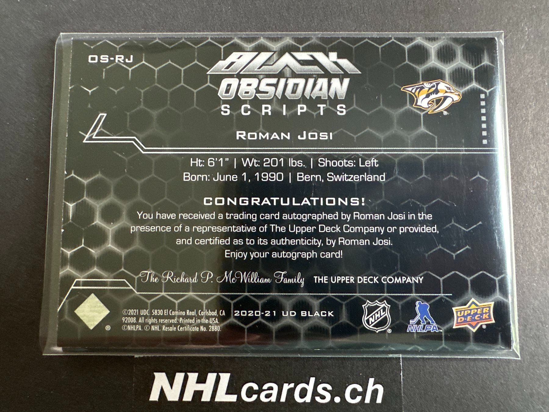 NHL Carte collezionabili: Roman Josi NHL Obsidian Scripts Auto Card – Usato da Belp venduto da nhlcards.ch 1