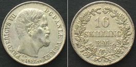 DÄNEMARK 16 Skilling Rigsmont 1857 FREDERIK VII. Silber vz+