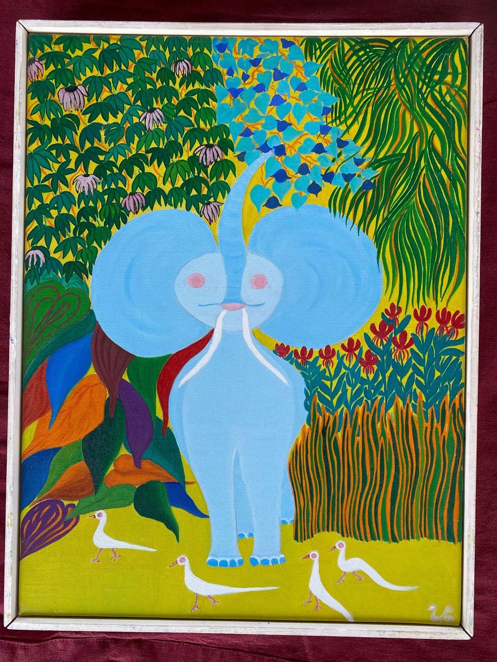 Dipinti: Gemälde Elefant mit Vögeln, bunte Landschaft, gerahmt – Usato da Spiegel b. Bern venduto da corn2009