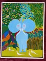 Gemälde Elefant mit Vögeln, bunte Landschaft, gerahmt